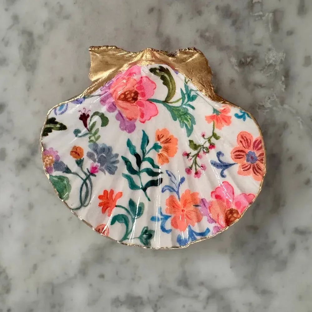 Colorful Chintz Floral Shell Trinket Dish, Flower Ring Holder